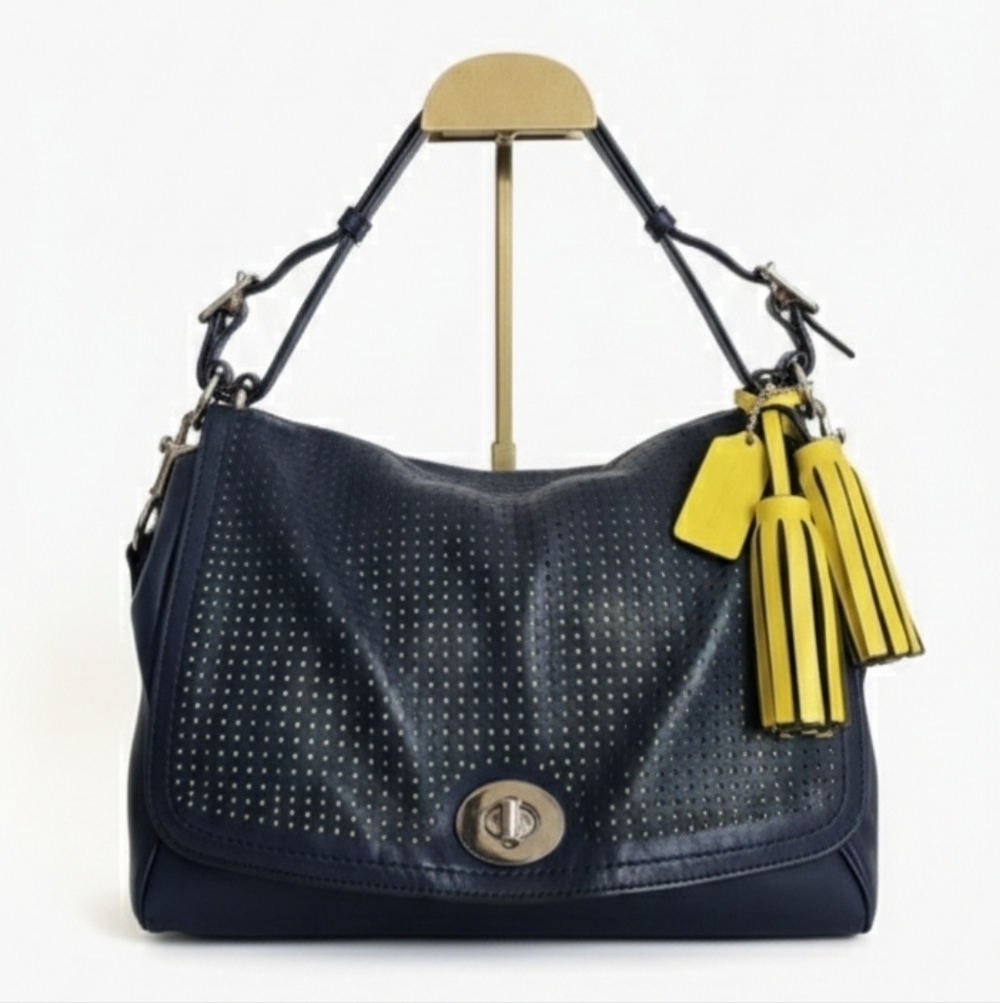 Coach 2012 Romy Top Handle Bag Navy And Chartreuse Perforated